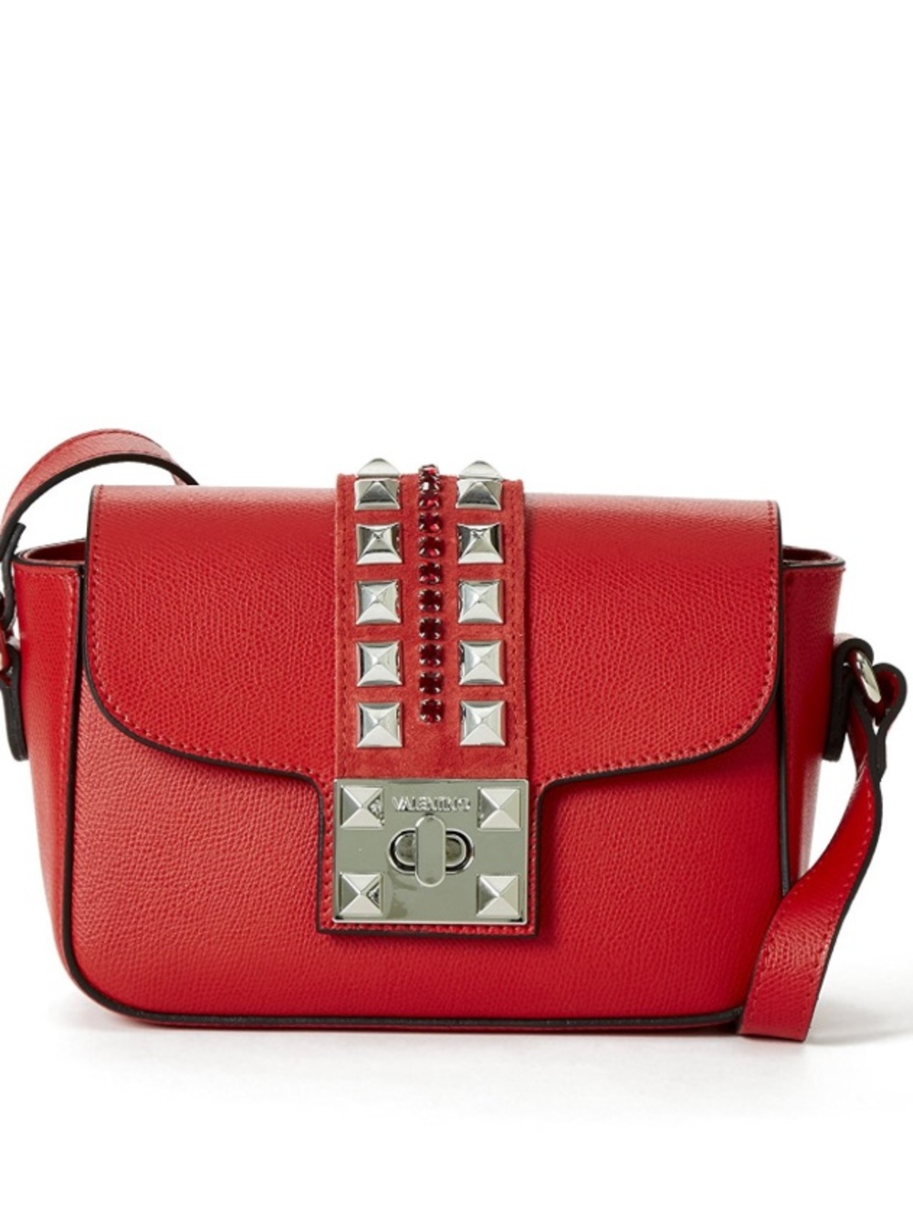 Mario Valentino Red Pebbled Leather Stud-Embellished Crossbody